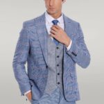 Patterned Checked Slim Fit Blue Men Suit - Wessi