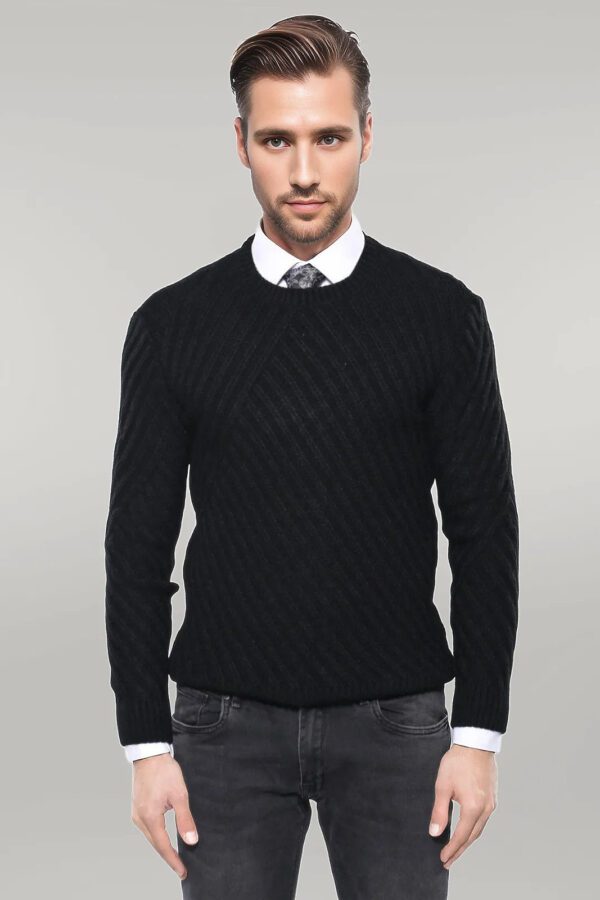 Patterned Circle Neck Black Sweater - Wessi