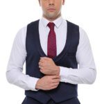 Patterned Double Breasted Dark Navy Men Vest Trousers Set - Wessi