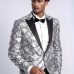 Patterned Slim Fit Grey Men Singer Tuxedo Blazer - Wessi