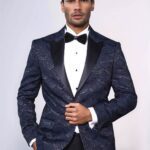 Patterned Slim Fit Navy Blue Men Singer Tuxedo Blazer - Wessi