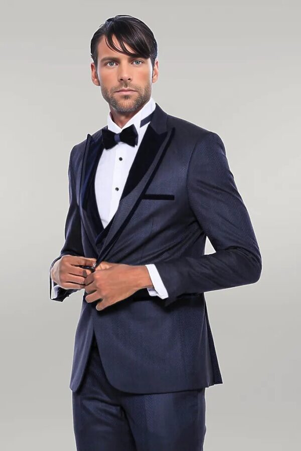 Patterned Velvet Lapel Navy Blue Men Tuxedo - Wessi