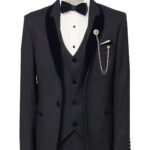 Patterned Velvet Lapel Navy Blue Men Tuxedo - Wessi