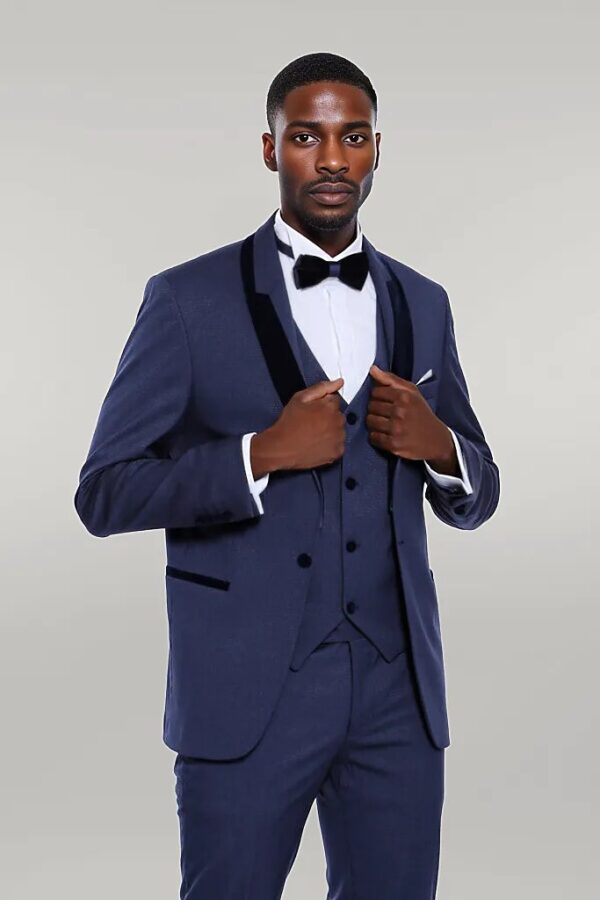Patterned Velvet Lapel Navy Blue Tuxedo - Wessi