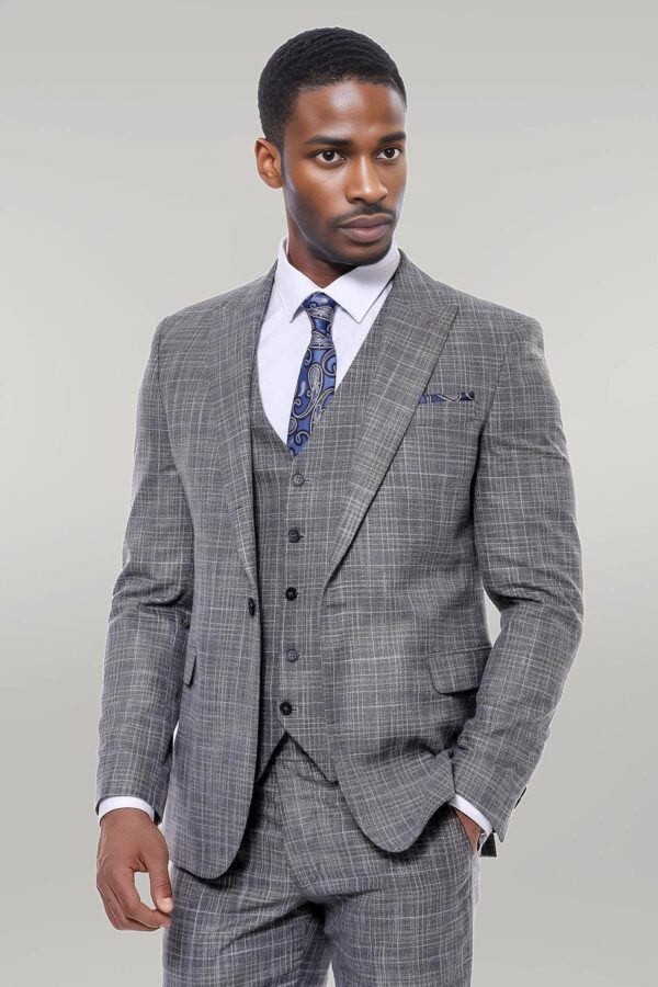 Patterned Vested Slim-Fit Dark Grey Men’s Suit - Wessi