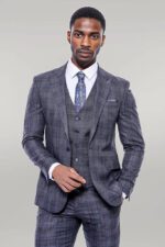 Patterned Vested Slim-Fit Navy Blue Men’s Suit