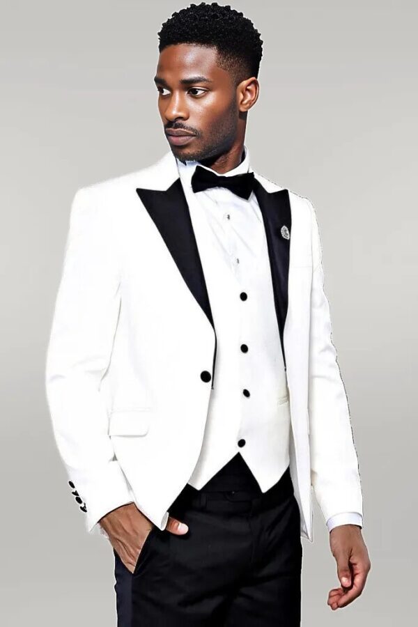 Peak Lapel 3 Piece White Tuxedo | Wessi
