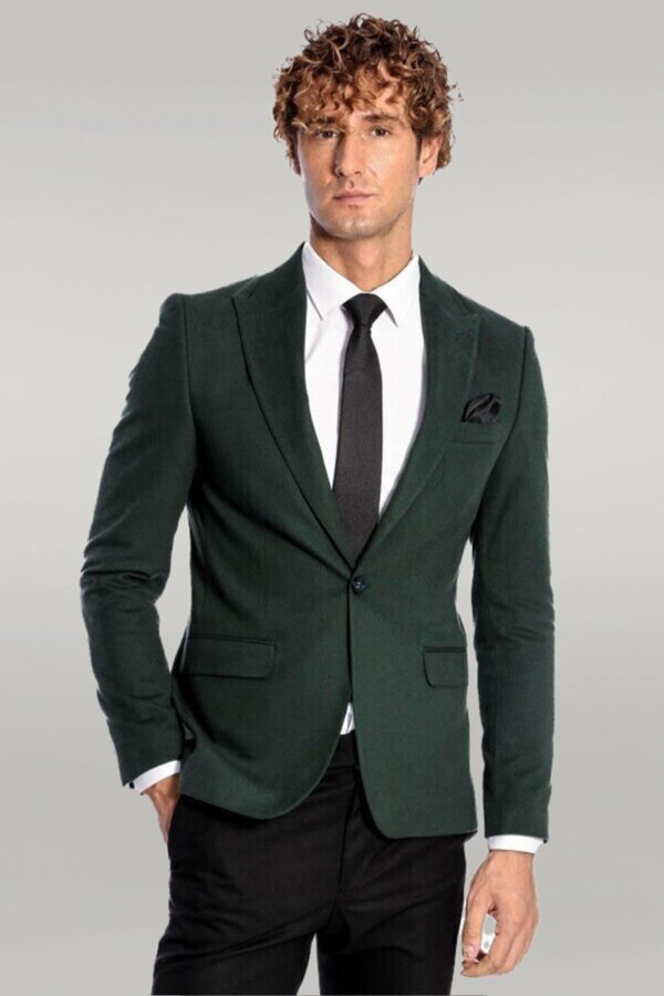 Peak Lapel Single Button Plain Green Men Blazer - Wessi