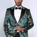 Peak Lapel Slim Fit Gold Patterned Green Men Prom Party Blazer