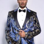 Peak Lapel Slim Fit Gold Patterned Navy Blue Men Party Blazer