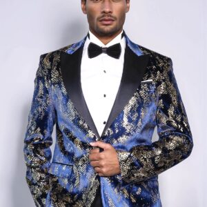 Peak Lapel Slim Fit Gold Patterned Navy Blue Men Party Blazer
