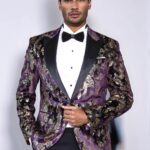 Peak Lapel Slim Fit Gold Patterned Purple Men Singer Tuxedo Blazer