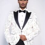 Peak Lapel Slim Fit Gold Patterned White Men Dinner Jacket - Wessi