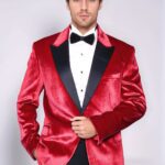 Peak Lapel Velvet Red Men Wedding Tuxedo Blazer - Wessi