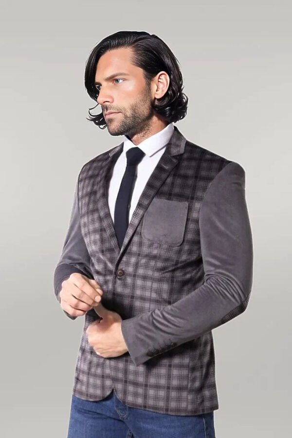 Plaid Sleeve Plaid Chest Smoked Velvet Blazer - Wessi