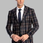 Plaid Slim Fit Navy Blue Men Blazer - Wessi