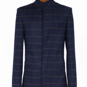 Plaid Standing Collar Navy Blue Men Coat - Wessi