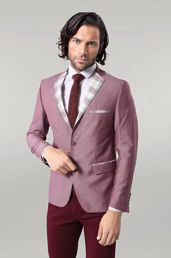 Pocket and Collar Plaid Mens Linnen Burgundy Blazer - Wessi