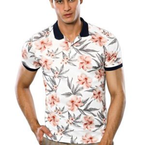 Polo Neck Floral Patterned Men Cream T-Shirt - Wessi