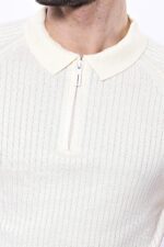 Polo-Zippered-Patterned-Cream-Knitted-T-Shirt-Wessi-1