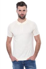 Polo Zippered Patterned Cream Knitted T-Shirt