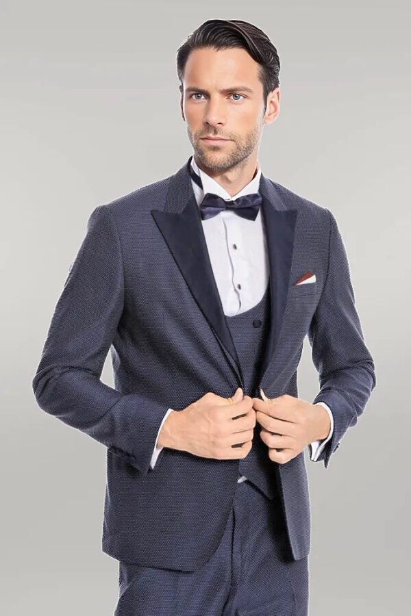 Removable Lapel Vested Navy Blue Tuxedo - Wessi