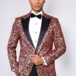 Root Pattern Peak Lapel Burgundy Men Party Blazer - Wessi
