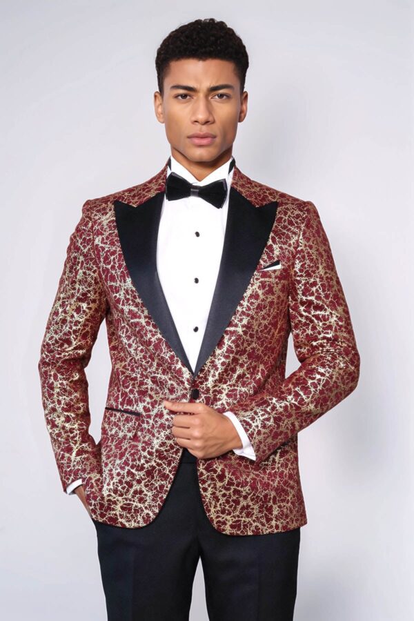 Root Pattern Peak Lapel Burgundy Men Party Blazer - Wessi