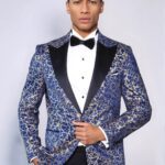 Root Pattern Peak Lapel Dark Blue Men Tuxode Dinner Blazer - Wessi