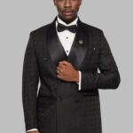 Satin Shawl Collar Patterned Double Breasted Black Men Tuxedo Suit - Wessi