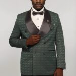 Satin Shawl Collar Patterned Double Breasted Dark Green Men Tuxedo Suit - Wessi