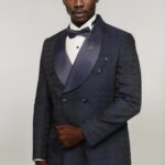 Satin Shawl Collar Patterned Double Breasted Navy Blue Men Tuxedo Suit - Wessi