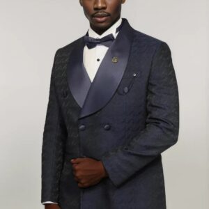 Satin Shawl Collar Patterned Double Breasted Navy Blue Men Tuxedo Suit - Wessi