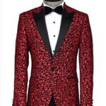 Scroll Patterned Burgundy Men Stage Tuxedo Blazer - Wessi