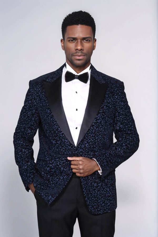 Scroll Patterned Navy Blue Men Wedding Tuxedo Blazer - Wessi