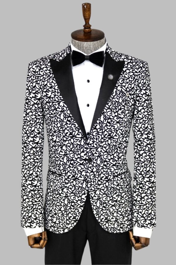 Scroll Patterned White Men Party Blazer - Wessi