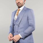 Self Patterned Vested Blue Suit | Wessi