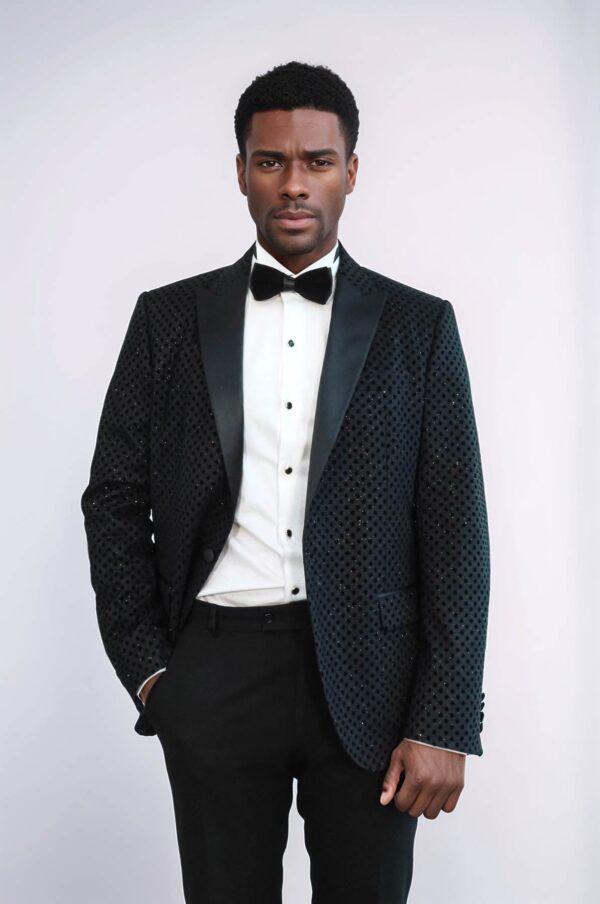 Sequin Dot Patterned Black Men Sparkly Singer Tuxedo Jacket - Wessi