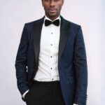 Sequin Dot Patterned Navy Blue Men Stage Tuxedo Blazer - Wessi