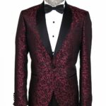 Shawl Lapel Floral Patterned Burgundy Men Wedding Tuxedo Blazer - Wessi