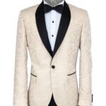 Shawl Lapel Floral Patterned Cream Men Singer Stage Blazer - Wessi
