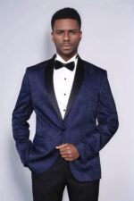 Shawl Lapel Floral Patterned Navy Blue Men Tuxedo Evening Blazer