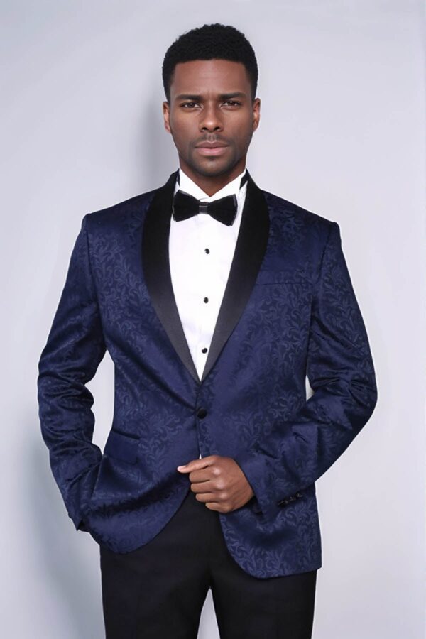 Shawl Lapel Floral Patterned Navy Blue Men Tuxedo Evening Blazer - Wessi