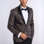 Shawl Lapel Gold Dot Patterned Over Black Men Tuxedo Blazer - Wessi
