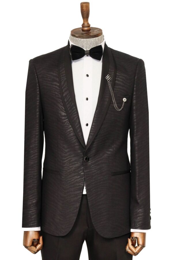 Shawl Lapel Patterned Slim Fit Black Tuxedo | Wessi