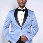 Shawl Lapel Sky Blue Men Wedding Groom Blazer - Wessi