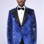 Shimmering Silver Rose Patterned Over Blue Men Stage Tuxedo Blazer - Wessi