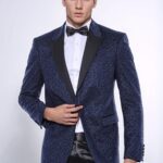 Shiny Dot Patterned Navy Blue Men Party Blazer - Wessi