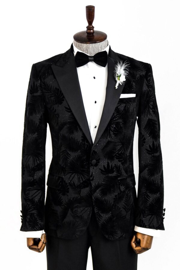 Shiny Leaf Patterned Black Prom Blazer - Wessi