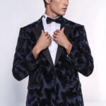 Shiny Leaf Patterned Navy Blue Men Tuxedo Party Blazer - Wessi